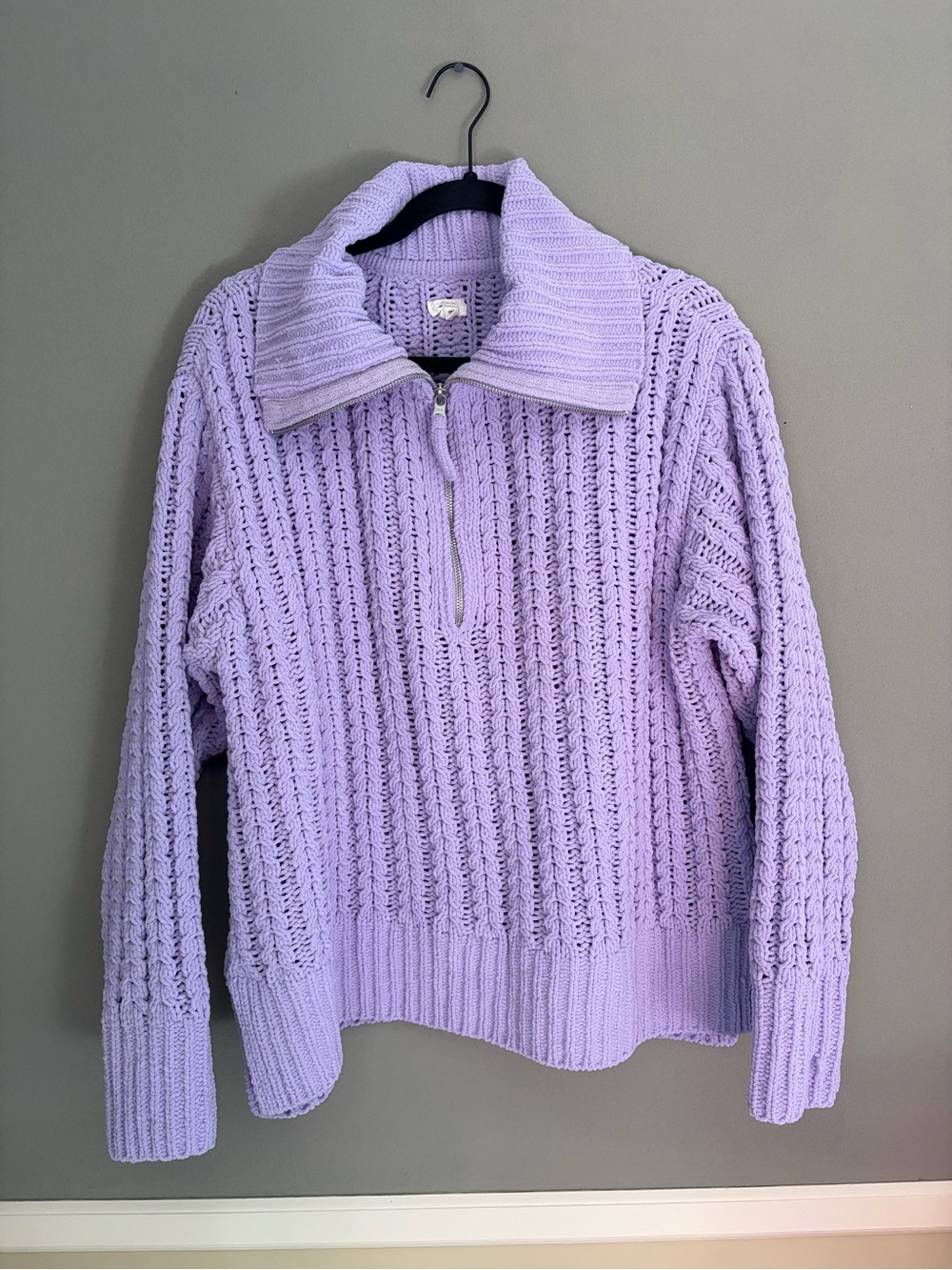 Aerie Cable Car 1/4 Zip Sweater Lilac Purple Wash Pullover Chenille Open Weave